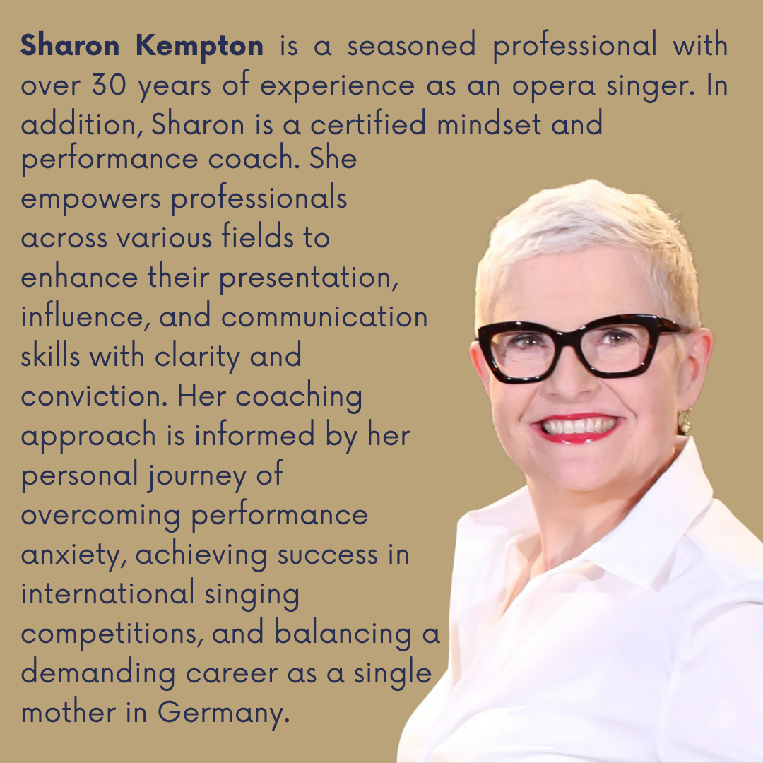 Picture of Sharon with her beaming smile and wearing large glasses with text about her career on a gold background