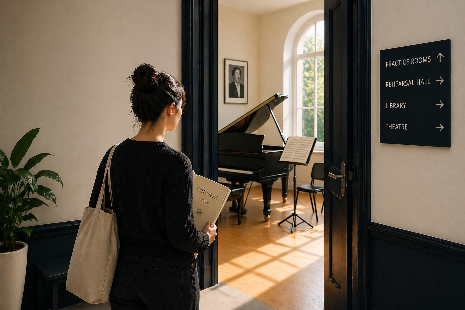 Singer heading into a practice room with a grand piano. She is clutching a vocal score of Schubert lieder